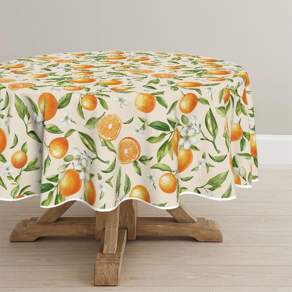Round Tablecloth Orange Citrus Fruit Floral Print Dining Kitchen Decor Beige 70"